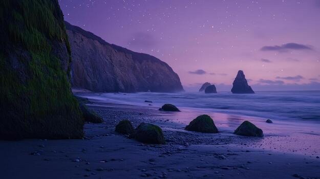 Serene twilight coastal scene with dark cliffs, mossy rocks, a sandy beach, and calm ocean waves under a purple-hued starry sky photo