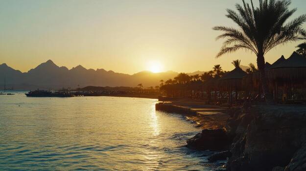 A tranquil sunset over a calm sea, silhouettes of palm trees and beach structures lining the shore against a mountainous backdrop. Golden light reflects on the water, creating a serene atmosphere photo