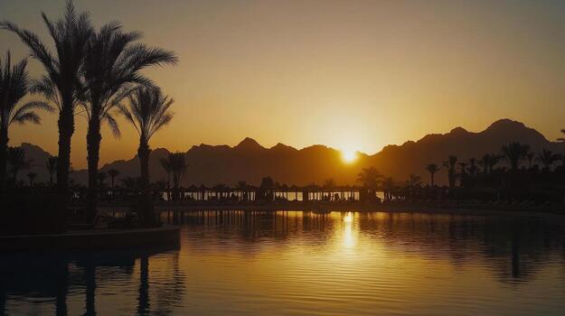 Serene sunset over a calm pool, silhouetting palm trees and distant mountains, reflecting the warm golden light photo