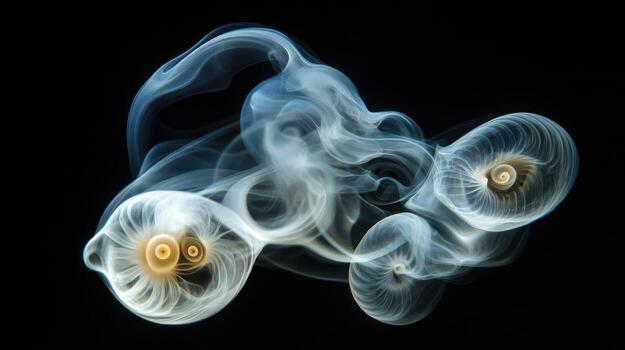 Ethereal smoke formations against a black background, swirling and coalescing into organic, eye-like shapes with concentric rings of varying opacity and color gradients of pale blue and warm ochre photo