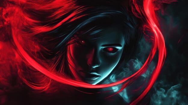A woman's face, ethereal and shadowed, is partially obscured by swirling, luminous red and teal energy streams, creating a dramatic, almost otherworldly effect. Her red eyes glow intensely photo