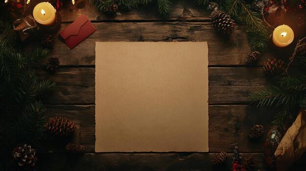 A rustic wooden surface displays a blank parchment paper surrounded by lit candles, pine branches, pine cones, a small gift, and a red envelope, creating a warm, inviting Christmas atmosphere photo