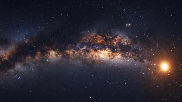 A panoramic view of the Milky Way galaxy, showcasing its swirling dust clouds in shades of orange, brown, and grey against a backdrop of countless stars and a bright, distant sun photo