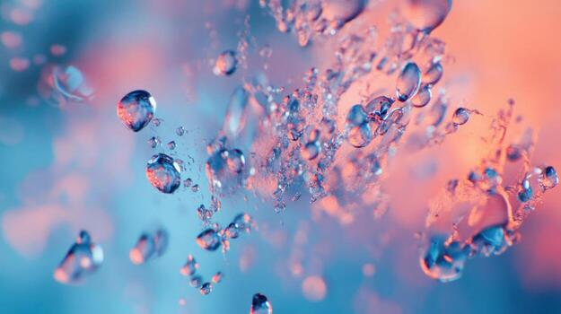 A vibrant abstract image depicts numerous water droplets suspended in mid-air against a blurred background of cool blues and warm corals, creating a dynamic, ethereal effect photo