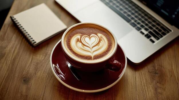 latté Arte en un de madera mesa, ordenador portátil y cuaderno foto