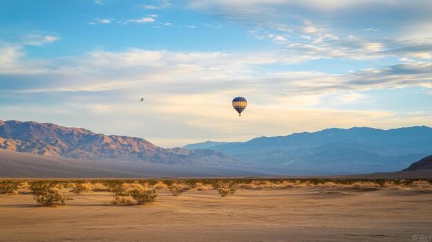 A hot air balloon ascends over a vast, flat desert landscape at dawn, with hazy mountains in the distance under a partly cloudy sky. A smaller, distant object is also visible in the sky photo