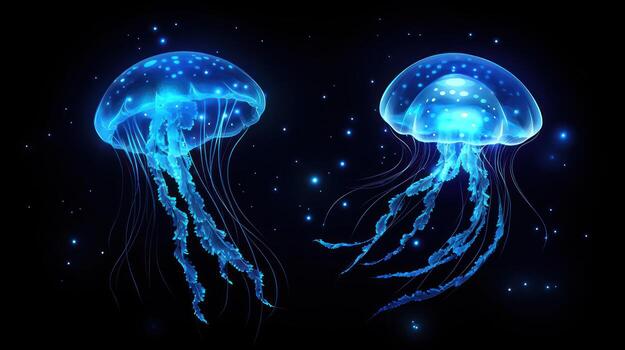 Two glowing jellyfish on a dark background photo