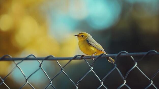 A small yellow bird perched on a chain link fence photo