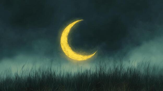 A crescent moon glows faintly in a dark, cloudy sky above tall grass photo