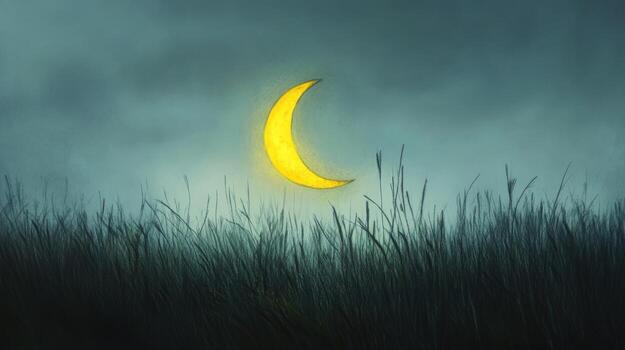 A luminous crescent moon over a field at dusk photo