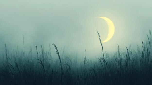 Misty meadow at twilight with a crescent moon photo