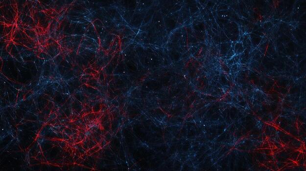 Abstract network of vibrant red and blue threads on a dark background photo