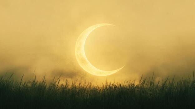 A crescent moon glows golden in a hazy, yellow sky above tall grass photo