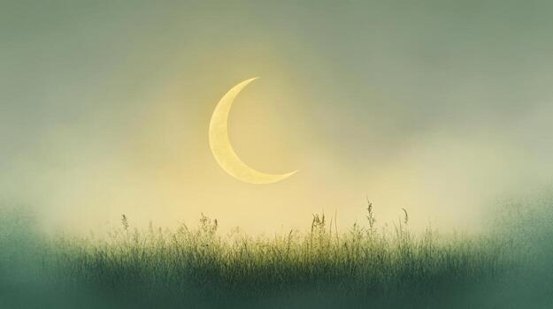 Pale crescent moon over misty field photo