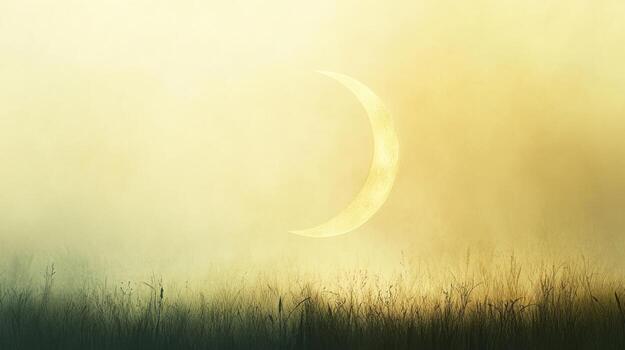 Misty field with crescent moon photo