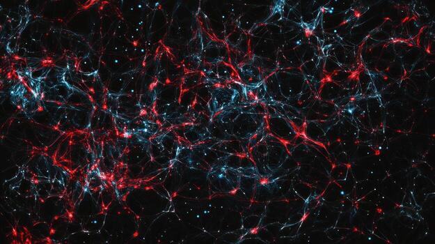 Abstract network pattern of red and blue strands on dark background photo