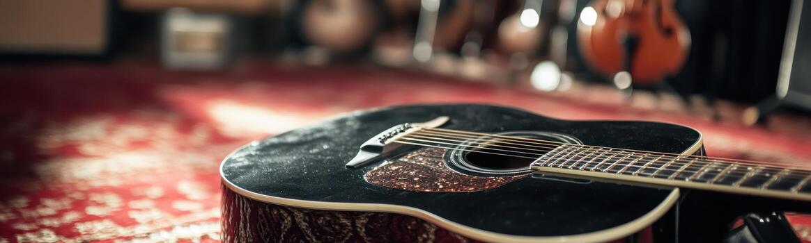 Acoustic guitar resting on a red patterned carpet photo