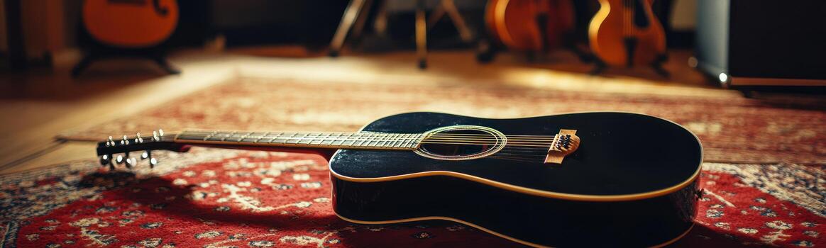 Acoustic guitar on a patterned rug in a recording studio photo