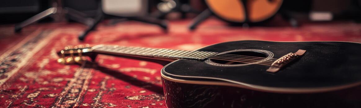 Acoustic guitar resting on a patterned carpet photo