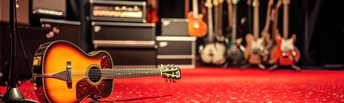 Acoustic guitar on red carpet surrounded by musical instruments photo