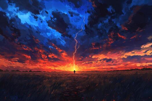 A solitary figure stands in a vast field as a vibrant sunset explodes in the sky, punctuated by a striking lightning bolt photo