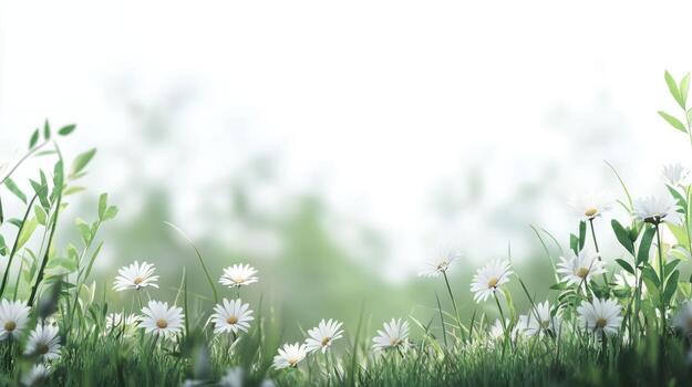 Delicate white daisies in a grassy field. Soft, blurred background photo