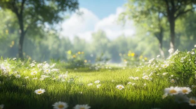 Sunny meadow in a forest glade photo