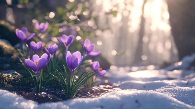 Spring crocuses blooming in a snowy forest photo