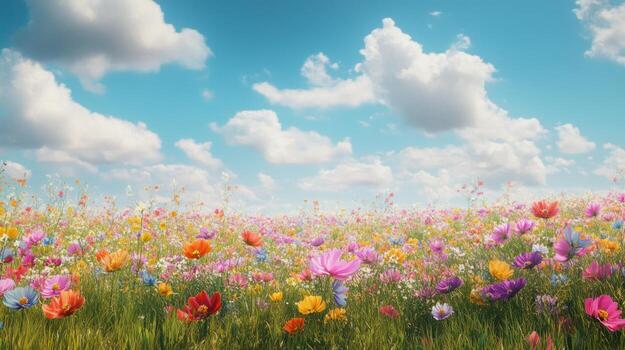 A vibrant field of wildflowers under a partly cloudy sky photo