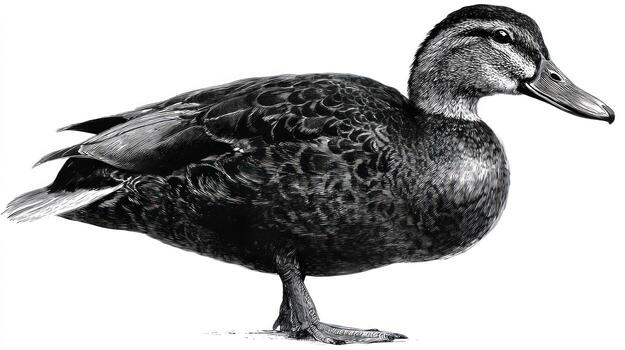 Grayscale illustration of a duck, standing on its feet, facing right photo