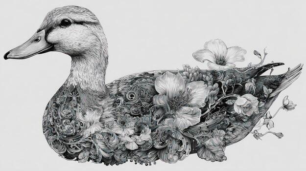 Detailed duck drawing with floral elements, rendered in grayscale photo