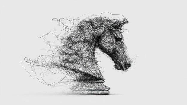 Chess knight form created from swirling lines on a plain white background photo