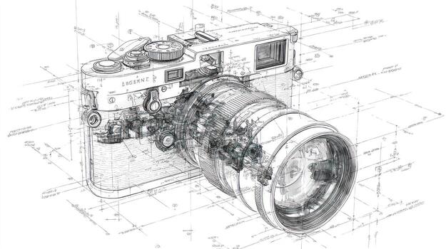 detallado técnico dibujo un clásico telémetro cámara con lente Descompostura foto