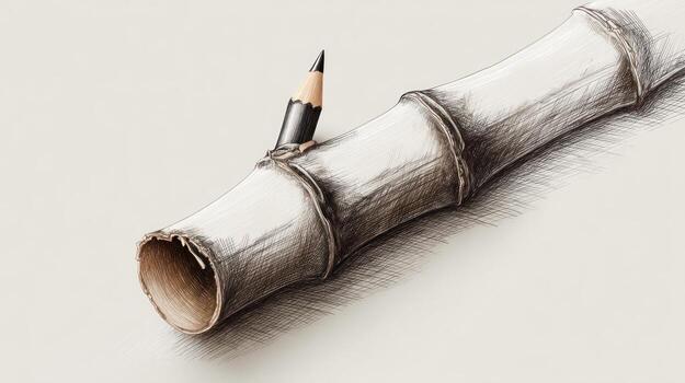 Pencil in hollow bamboo stalk, angled view, sketched in greyscale on beige ground photo