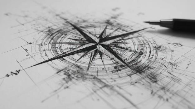 Compass rose sketch in monochrome with pen photo