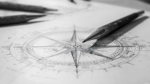 Compass rose drawing with pen and pencils, soft focus, monochrome photo