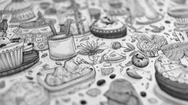 Detailed monochrome pattern with food, cookware, plants, and abstract shapes photo