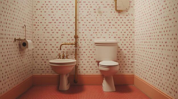 A retro bathroom with patterned walls photo