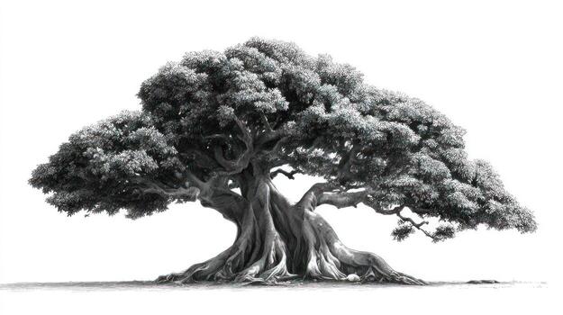 Majestic, sprawling tree with dense foliage in a monochrome, graphic style photo