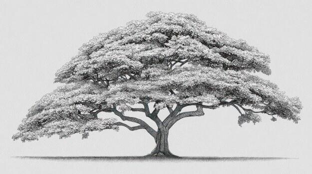 Wide, shaded tree with intricate branches and dense, leafy foliage photo