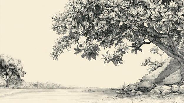 Grayscale art tree canopy shading rock wall landscape scene photo