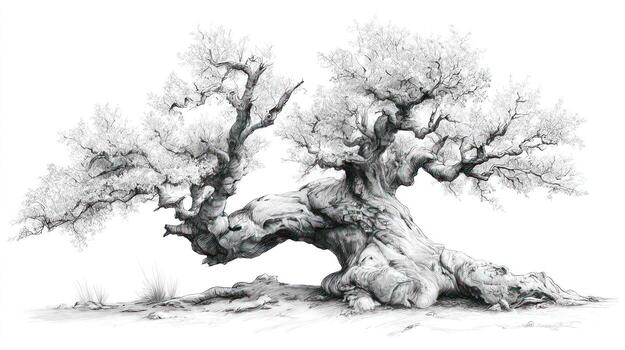 Gnarled old tree with twisting branches, a detailed graphite drawing photo