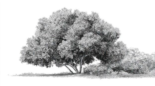 Solitary rounded tree, dense foliage, simple monochrome rendering on white photo