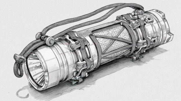 Detailed sketch of a cylindrical device with intricate straps and mechanical details photo