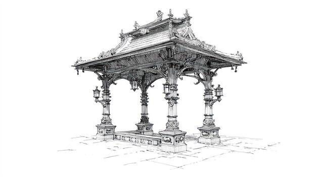 Elaborate Victorian pavilion with ornate columns and roof photo