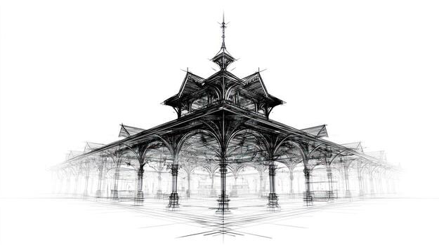 Ornate architectural pavilion sketch fading into white photo