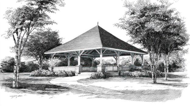 Sketch of a square gazebo with a peaked roof, in a park setting photo