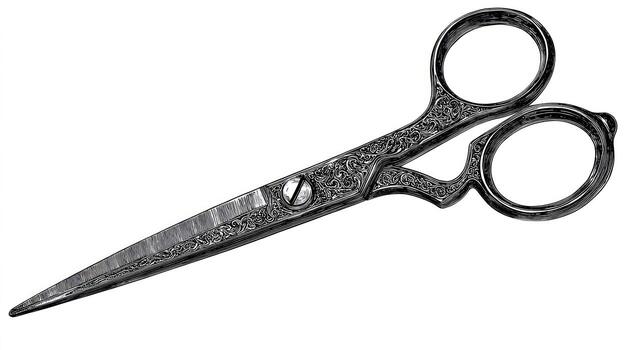 Antique silver scissors with intricate engraving on blades and handles photo