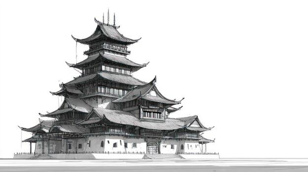 Ornate, tiered Asian pagoda with multiple roofs, rendered in grayscale sketch photo
