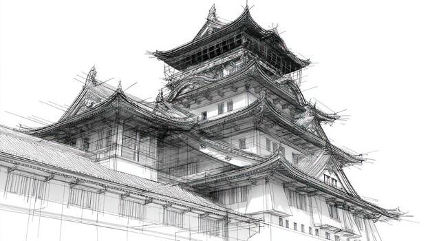 Intricate architectural sketch of a pagoda-like castle against white photo